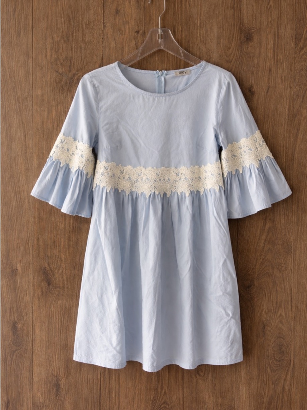 Mey Light Blue Babydoll Blouse Tunic Lace Trim Size S